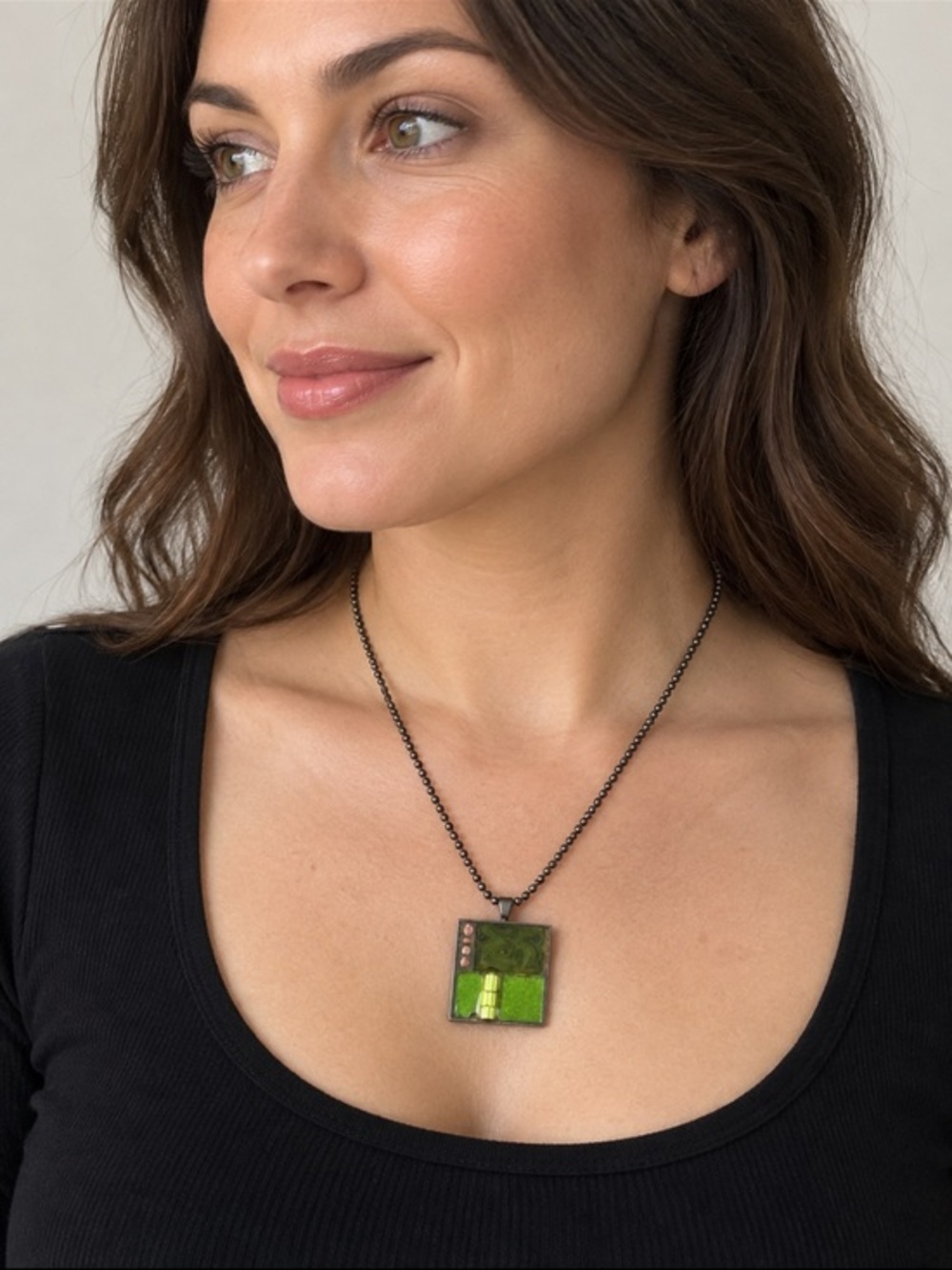 Handcrafted Lime Green Abstract Square Pendant Ball Chain Necklace